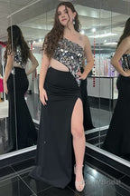 Sheath One Shoulder Cut Mirror Sequins Prom Dress