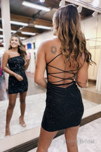 Sheath One Shoulder Lace Up Tight Beaded Homecoming Dress