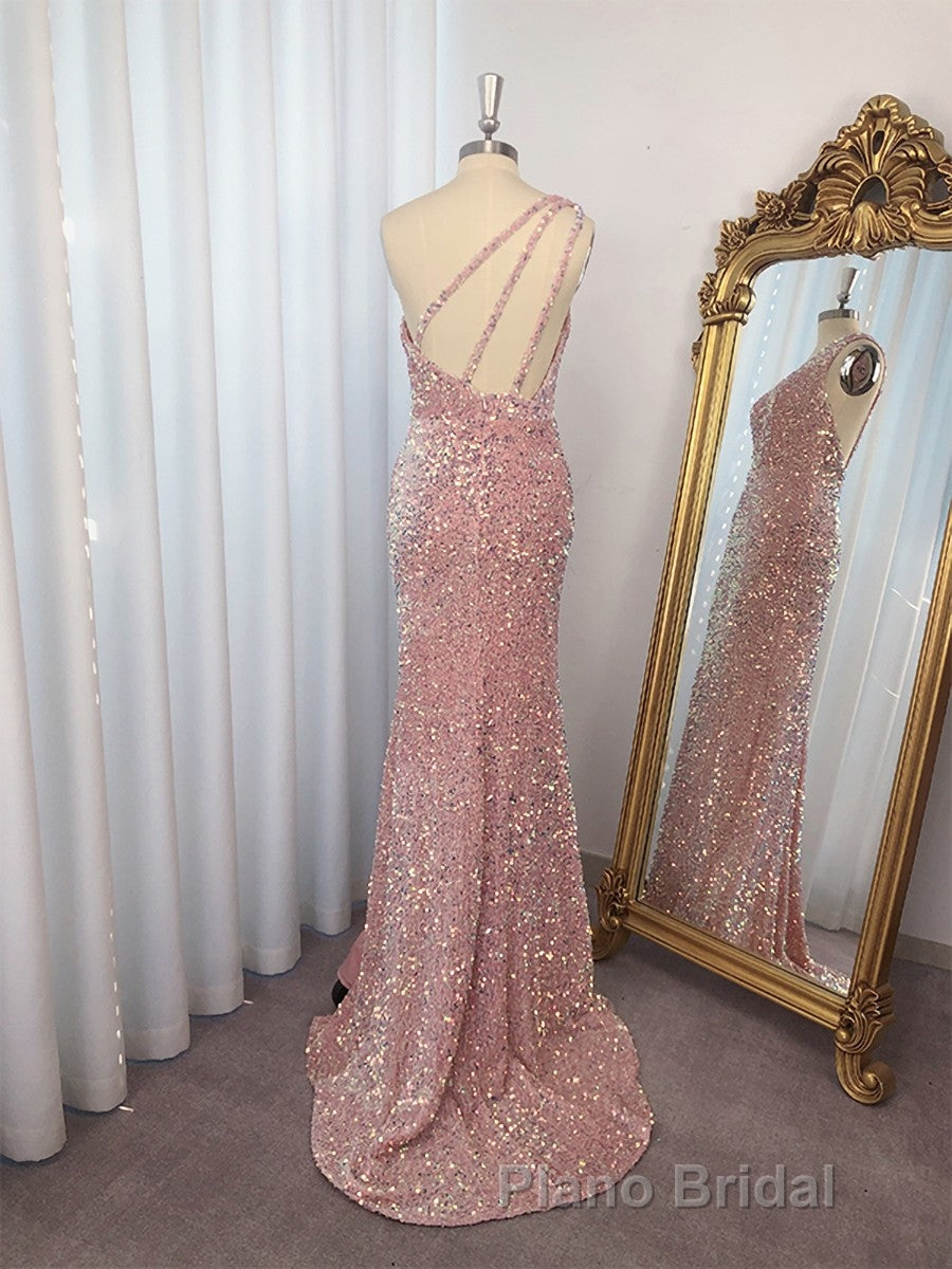 Sheath One-Shoulder Sequin Sweep Train Velvet Sequins Dresses