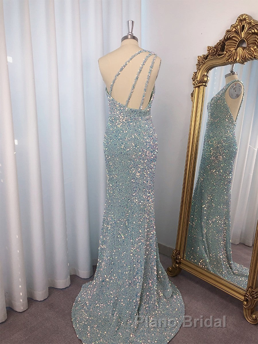 Sheath One-Shoulder Sequin Sweep Train Velvet Sequins Dresses