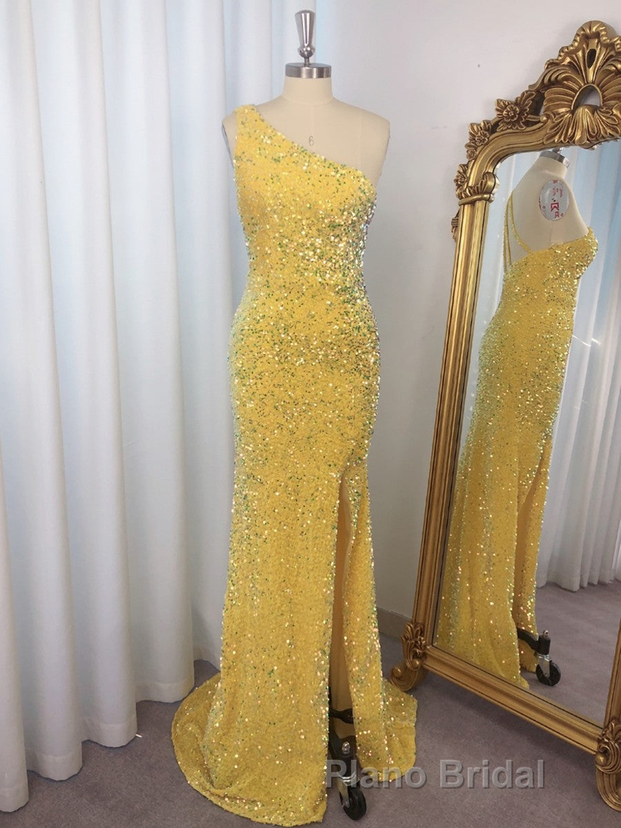 Sheath One-Shoulder Sequin Sweep Train Velvet Sequins Dresses