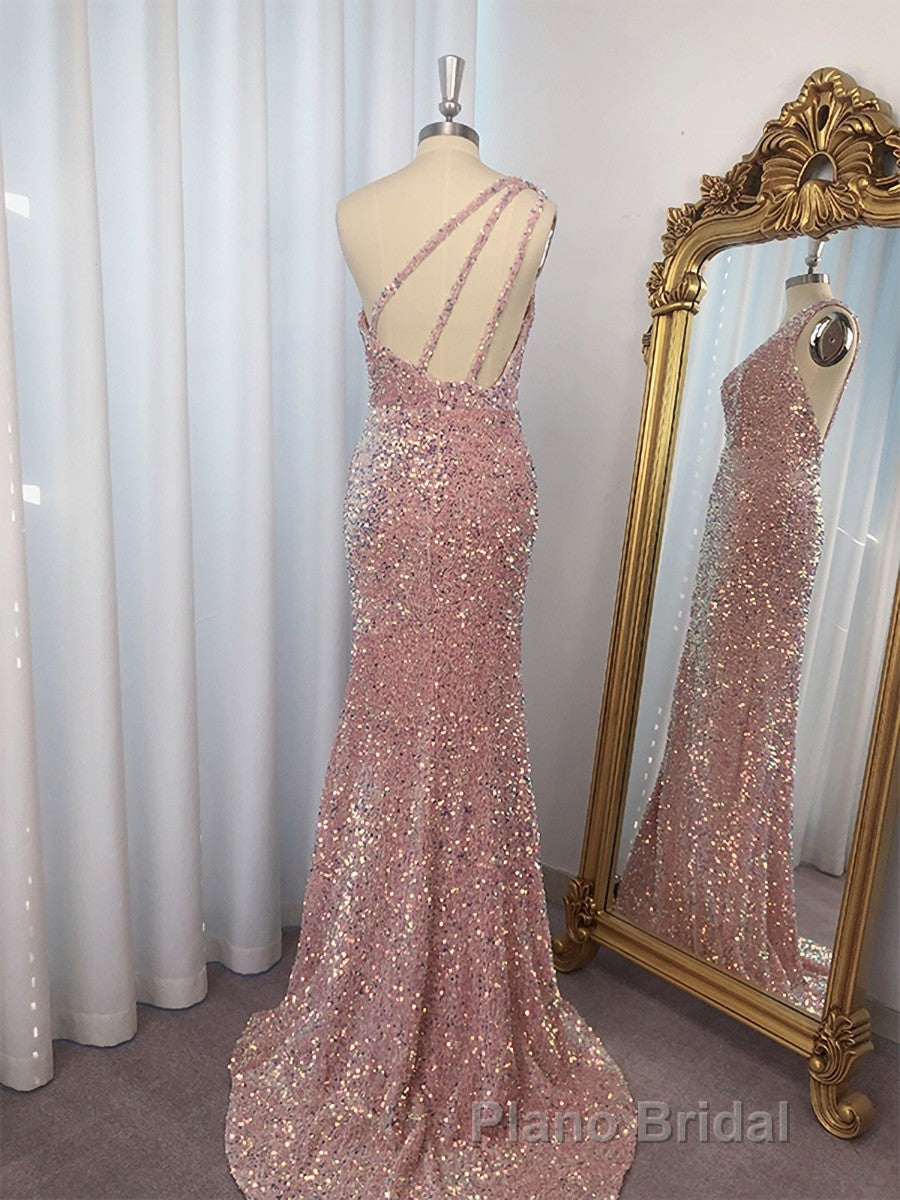 Sheath One-Shoulder Sequin Sweep Train Velvet Sequins Dresses