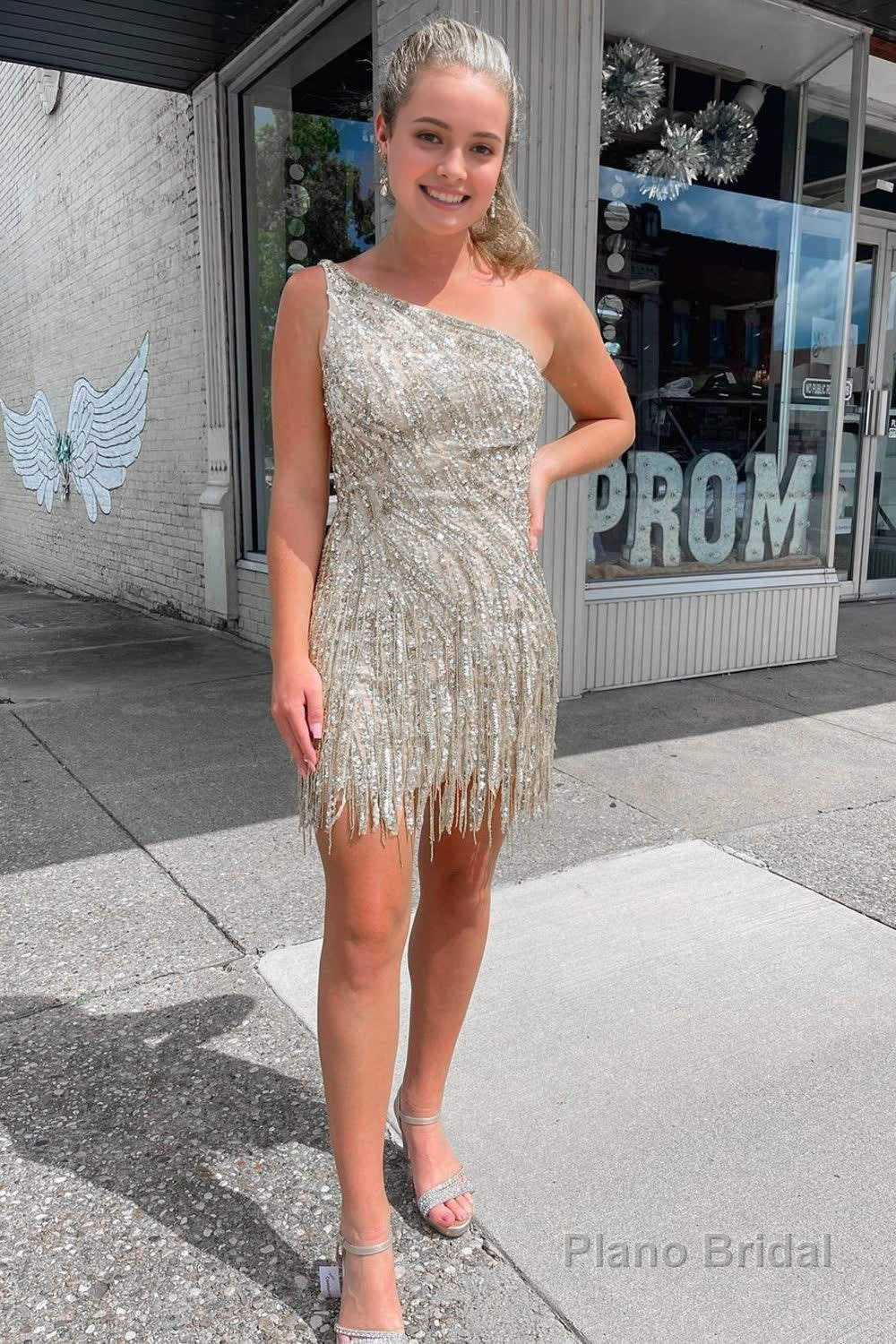 Sheath One Shoulder Silver Sequins Short Homecoming Dress with Tassel Main image