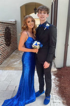 Sheath Spaghetti Strap Sequin Prom Dress with Slit