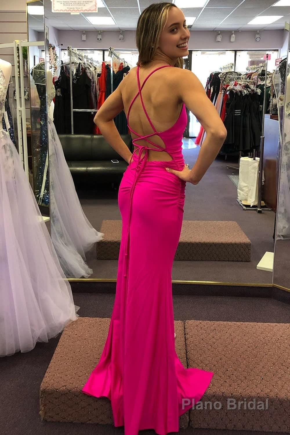 Sheath Spaghetti Straps Hot Pink Long Prom Dress with Silt