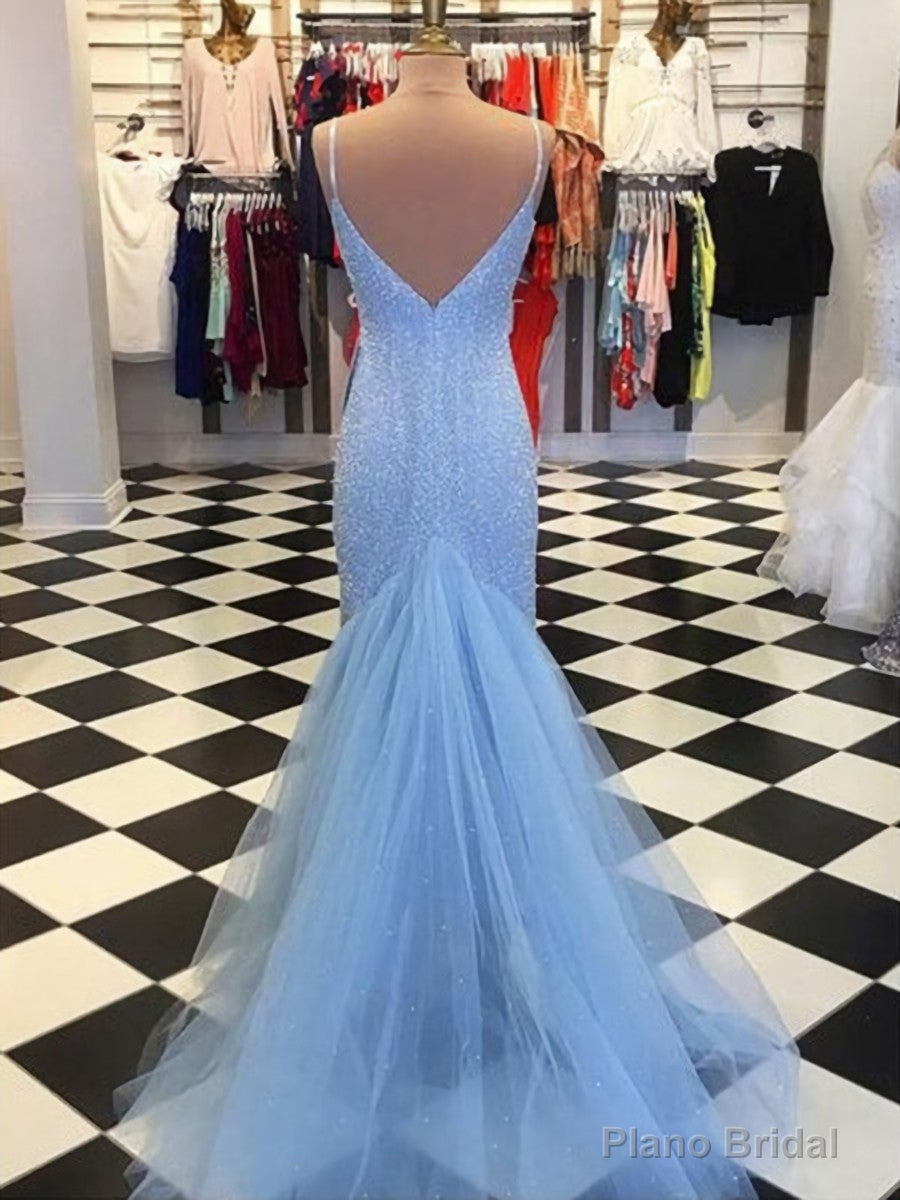 Sheath Spaghetti Straps Light Blue Sequin Prom Dresses Main image