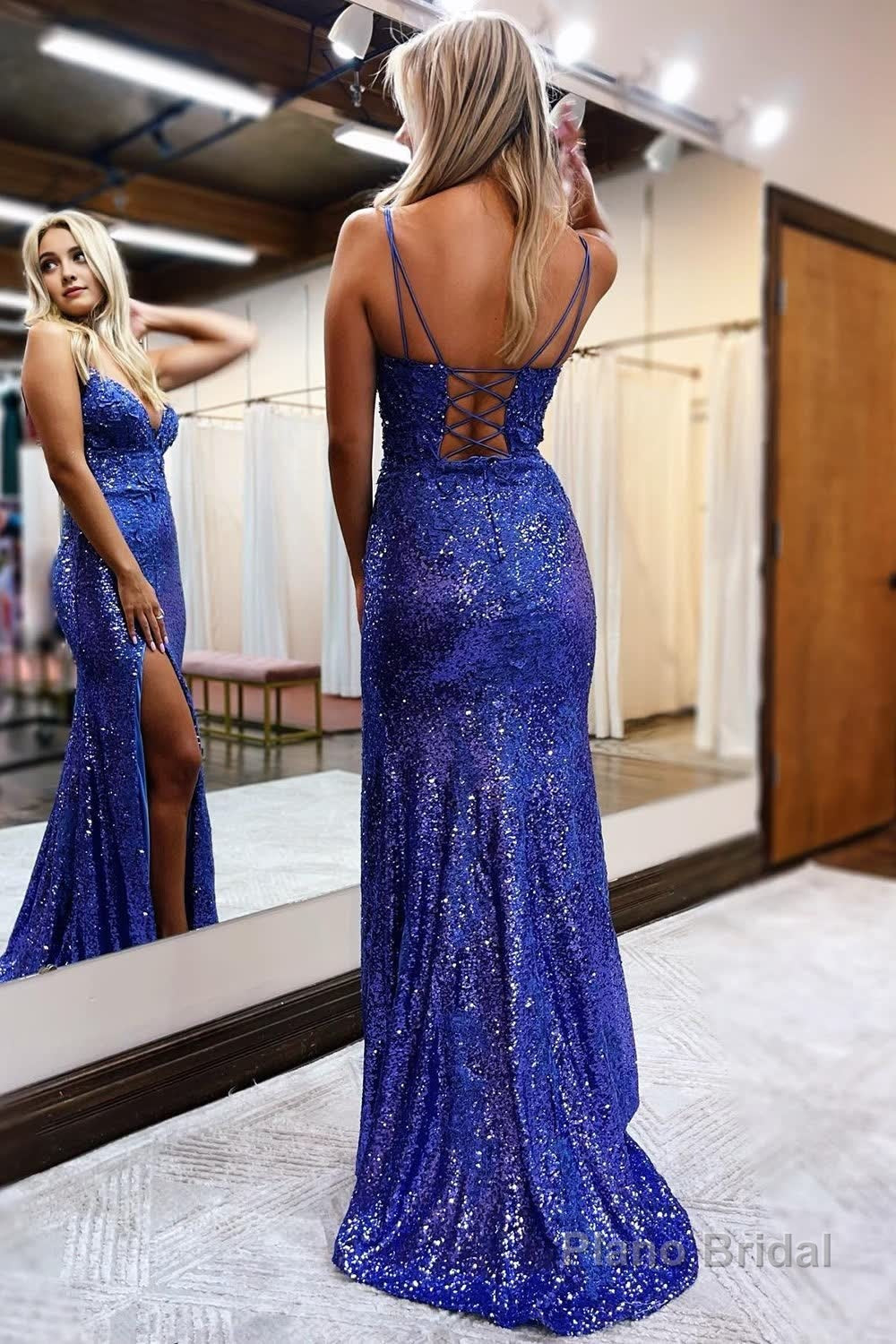 Sheath Spaghetti Straps Royal Blue Sequins Long Prom Dress with Silt Secondary image