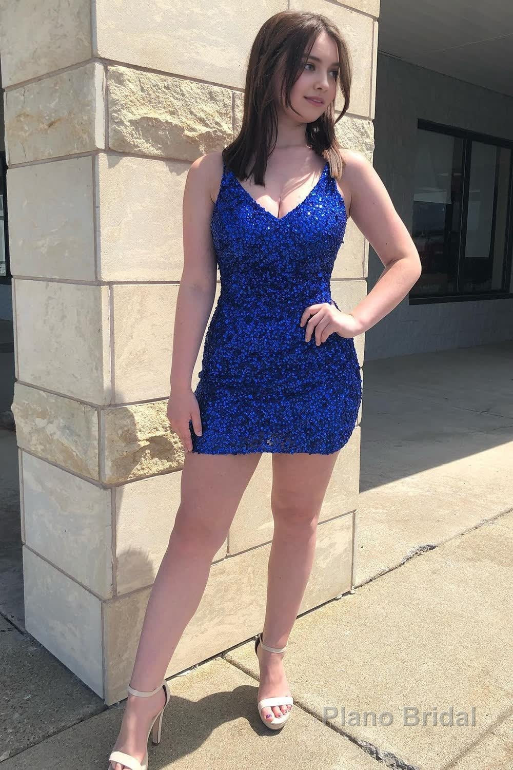 Sheath Spaghetti Straps Royal Blue Sequins Short Cocktail Dress Main image