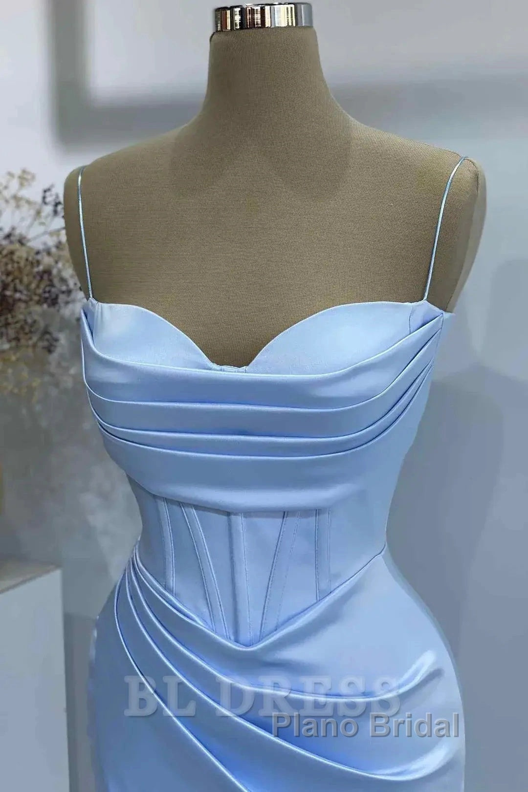 Sheath Spaghetti Straps Satin Pleated Light Blue Long Formal Dresses Bridesmaid Dresses Evening Gown Formal Prom Dresses With Slit