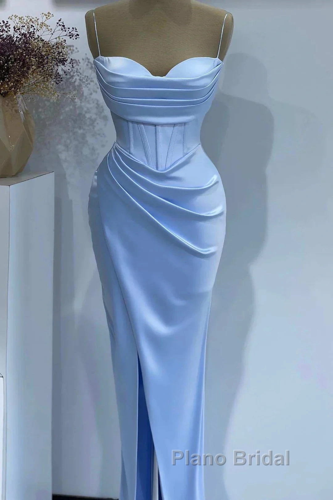 Sheath Spaghetti Straps Satin Pleated Light Blue Long Formal Dresses Bridesmaid Dresses Evening Gown Formal Prom Dresses With Slit