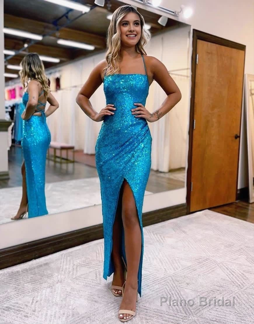 Sheath Spaghetti Straps Sequin Prom Dress With Front Split Main image