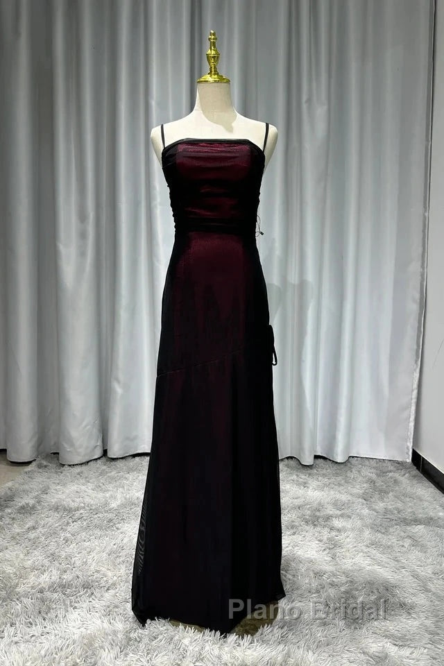 Sheath Spaghetti Straps Tulle Long Formal Prom Dresses With Silt