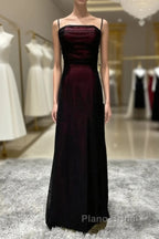 Sheath Spaghetti Straps Tulle Long Formal Prom Dresses With Silt