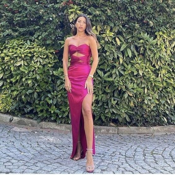 Sheath Strapless Hot Pink Floor Length Sleeveless Formal Prom Dresses