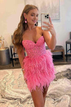 Sheath Sweetheart Lace Feather Skirt Homecoming Dress