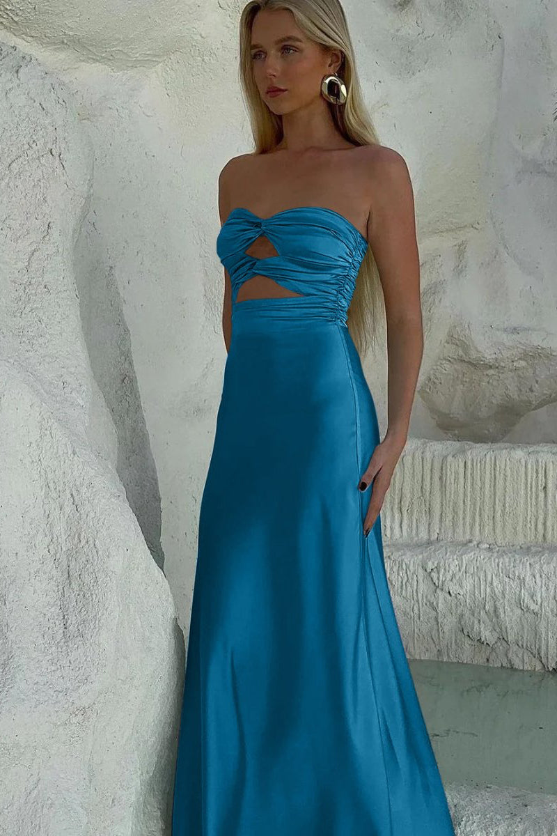 Sheath Sweetheart Satin Strapless Long Prom Dress