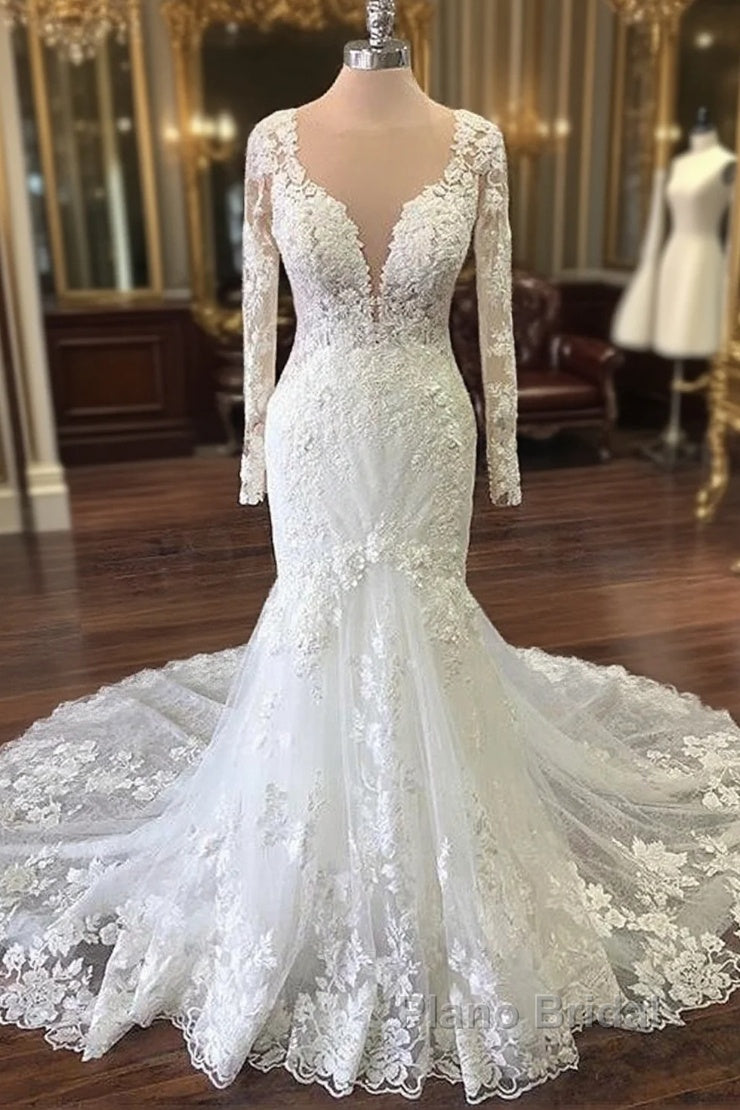 Sheath V-neck Floor Length Tulle Applique Wedding Dress Main image