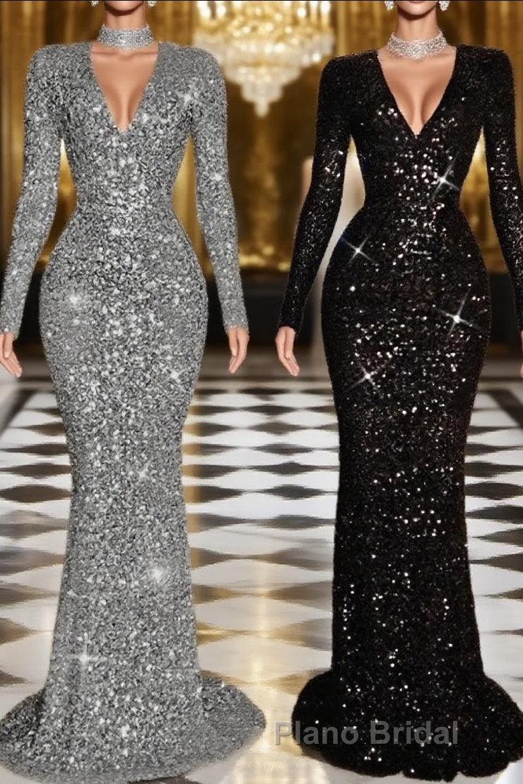 Sheath V-neck Long Sleeves Ruffles Sweep Train Velvet Sequins Dresses