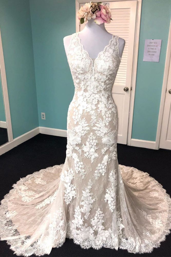 Sheath V Neck Straps Champagne Wedding Dress Tulle White Lace Sleeveless Long Bridal Gown Main image