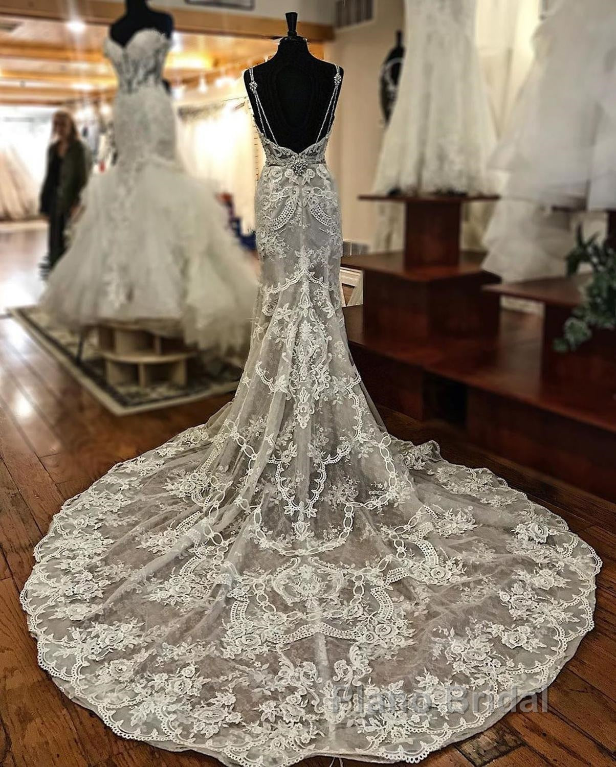 Sheath V-neck Wide Strap Floor Length Backless Tulle Lace Applique Wedding Dresses Secondary image