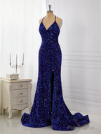 Sheath Velvet Sequins V-neck Sweep Train Dress