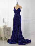 Sheath Velvet Sequins V-neck Sweep Train Dress