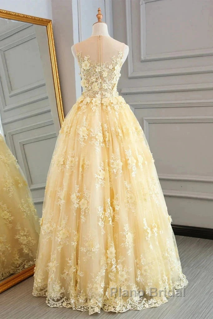 Sheer Appliques Lace A Line Yellow Formal Prom Dresses