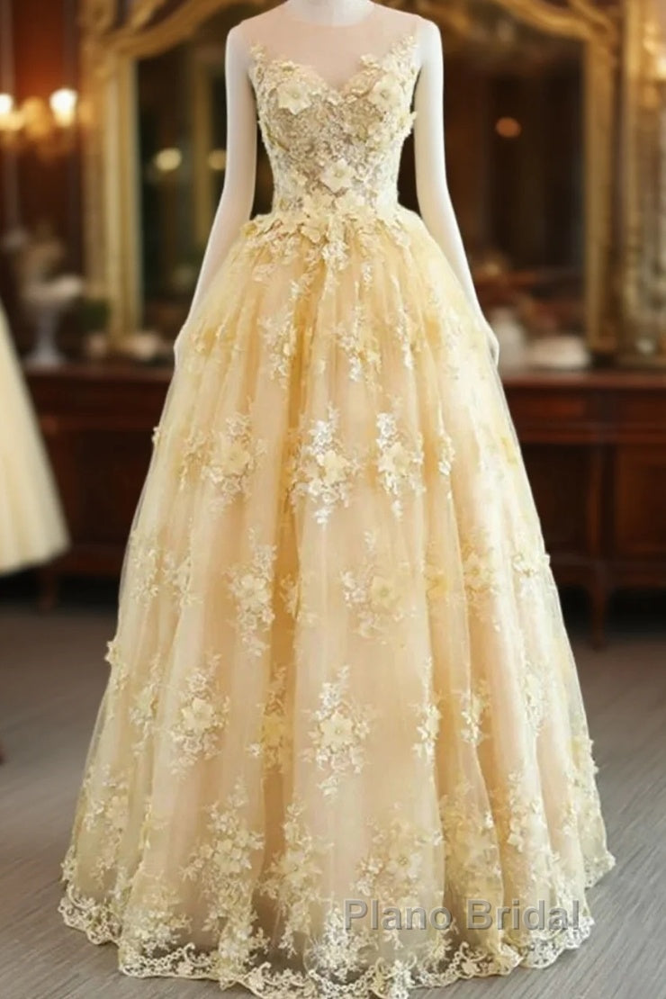 Sheer Appliques Lace A Line Yellow Formal Prom Dresses Main image