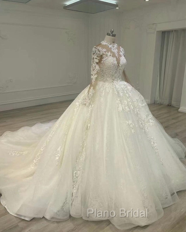 Sheer Lace Sleeve Wedding Ball Gown Dresses