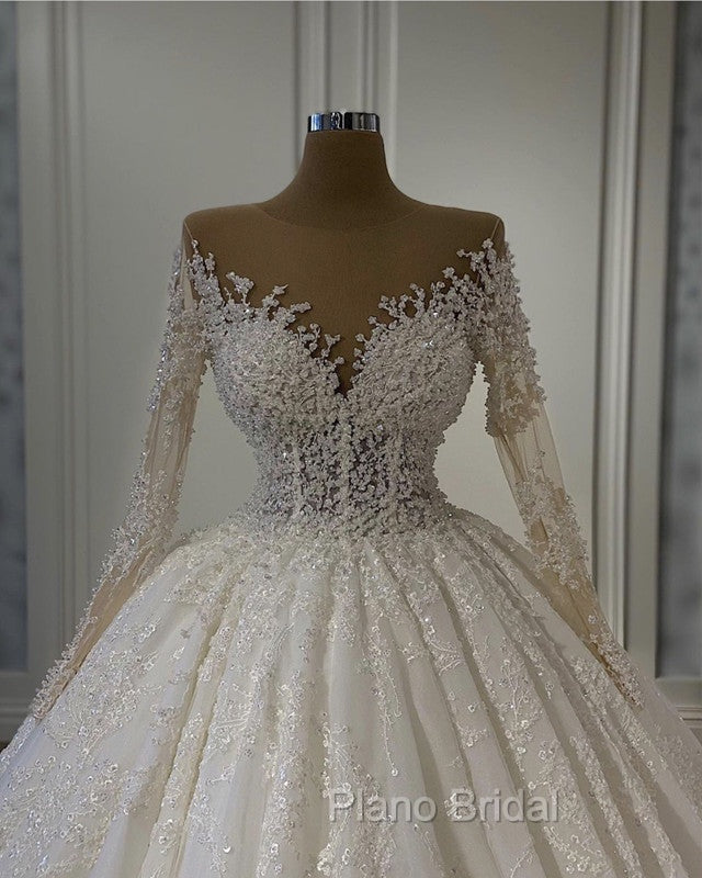 Sheer Neck Lace Wedding Dresses Ball Gown Long Sleeves