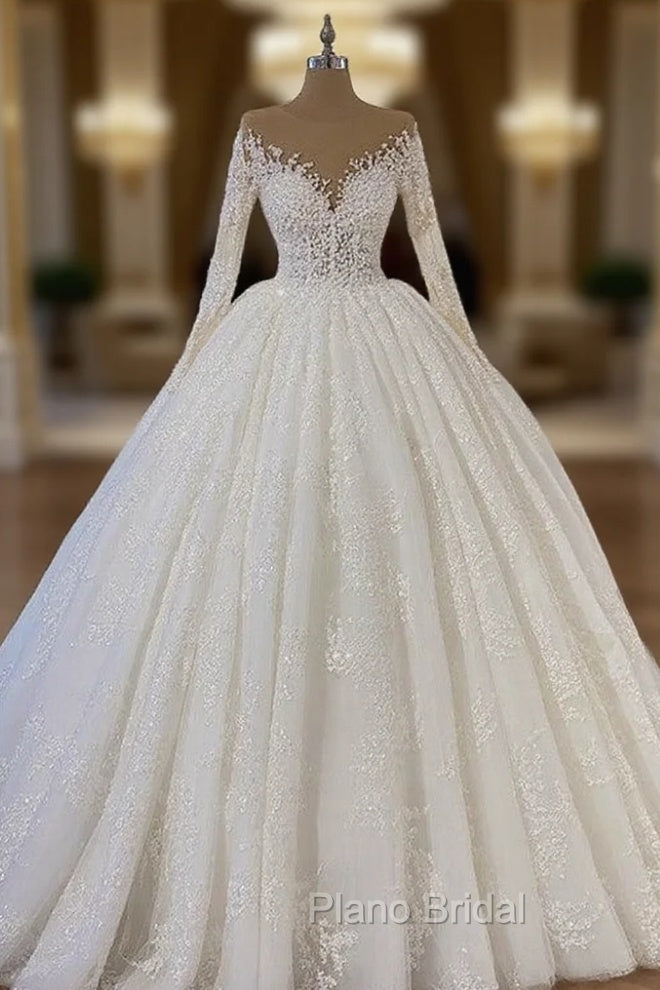 Sheer Neck Lace Wedding Dresses Ball Gown Long Sleeves