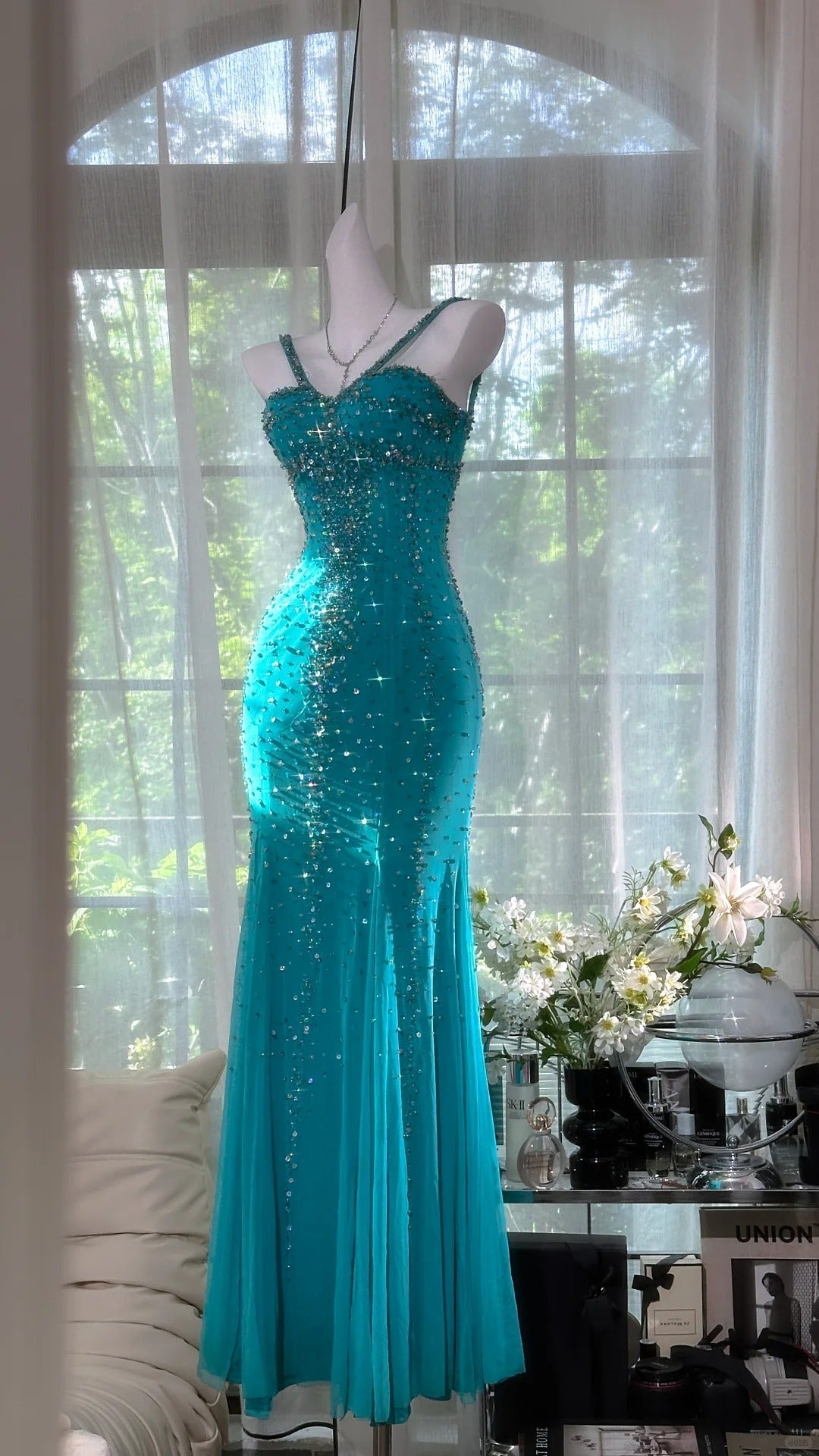 Shimmering Lake Blue Mermaid Beaded Chiffon Long Formal Prom Dresses