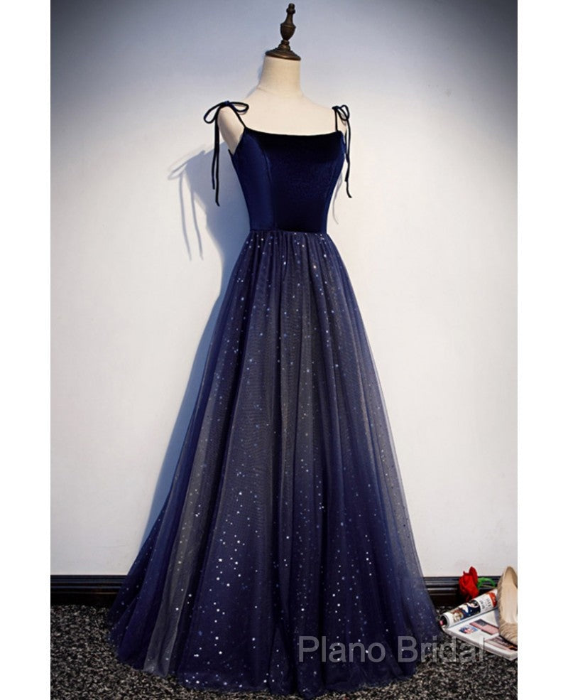 Shining Navy Blue Suede Fine Shoulder Strap Sleeveless Off Shoulder Formal Dresses With Navy Blue A-Line Princess Sequin Backless And Ground Length Ruffled Edge For Formal Dresses Secondary image