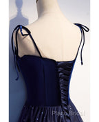 Shining Navy Blue Suede Fine Shoulder Strap Sleeveless Off Shoulder Formal Dresses With Navy Blue A-Line Princess Sequin Backless And Ground Length Ruffled Edge For Formal Dresses