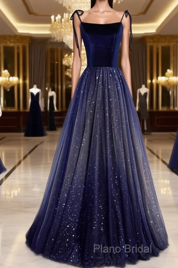 Shining Navy Blue Suede Fine Shoulder Strap Sleeveless Off Shoulder Formal Dresses With Navy Blue A-Line Princess Sequin Backless And Ground Length Ruffled Edge For Formal Dresses Main image