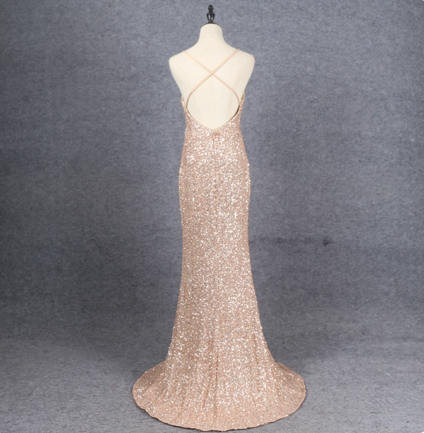 Shining Rose Gold Mermaid Spaghetti Strap V-Neck Slit Sequin Long Formal Prom Dresses Secondary image