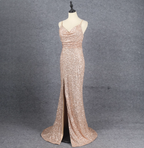 Shining Rose Gold Mermaid Spaghetti Strap V-Neck Slit Sequin Long Formal Prom Dresses