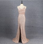 Shining Rose Gold Mermaid Spaghetti Strap V-Neck Slit Sequin Long Formal Prom Dresses