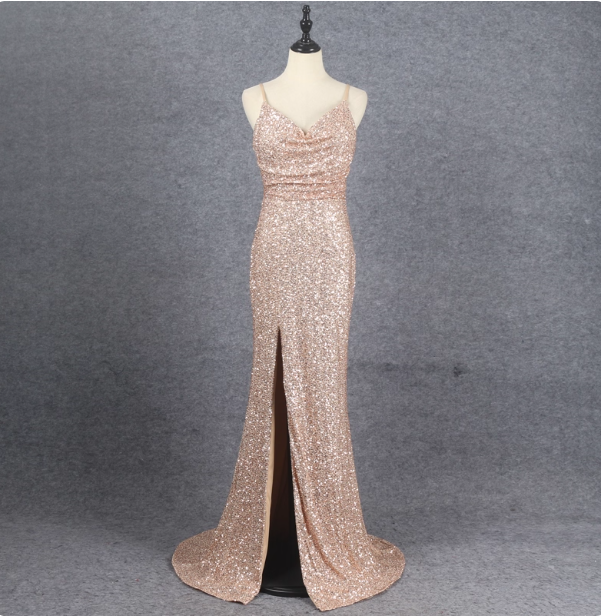 Shining Rose Gold Mermaid Spaghetti Strap V-Neck Slit Sequin Long Formal Prom Dresses
