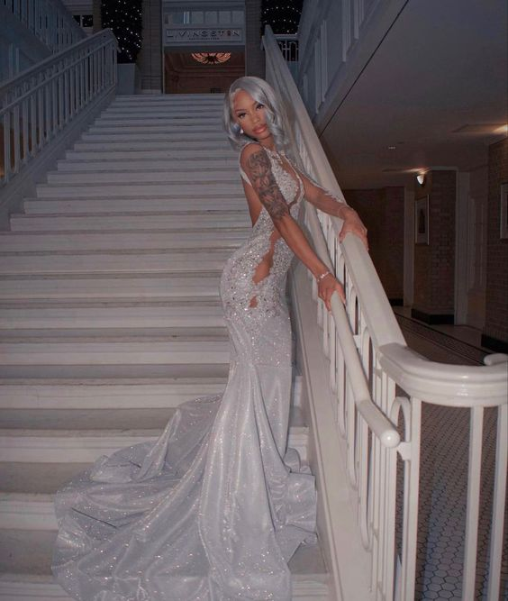 Shining Silver Mermaid Long Sleeves Formal Prom Dresses