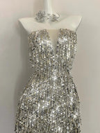 Shining Silver-White Slim-Fit Tube Top Sequined Tassel Long Formal Prom Dresses