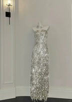 Shining Silver-White Slim-Fit Tube Top Sequined Tassel Long Formal Prom Dresses