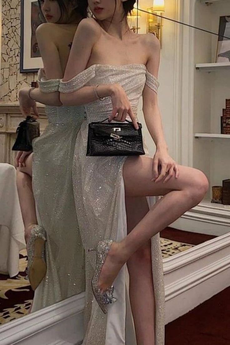 Shinny High Slit  Women Formal Evening Party Formal Prom Gowns
