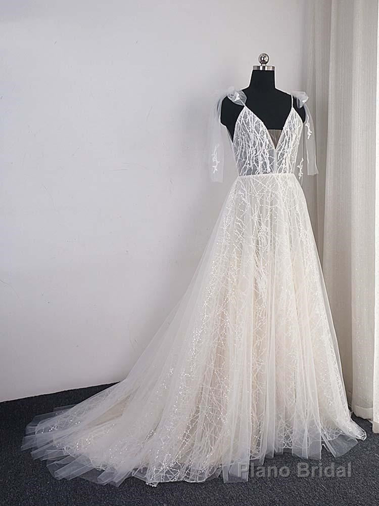 Shinny Long A-Line V-Neck Backless Sequins Wedding Dresses Main image