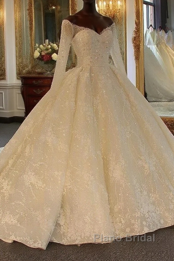 Shinny Long Ball Gown Sweetheart Tulle Lace Wedding Dresses with Sleeves Main image