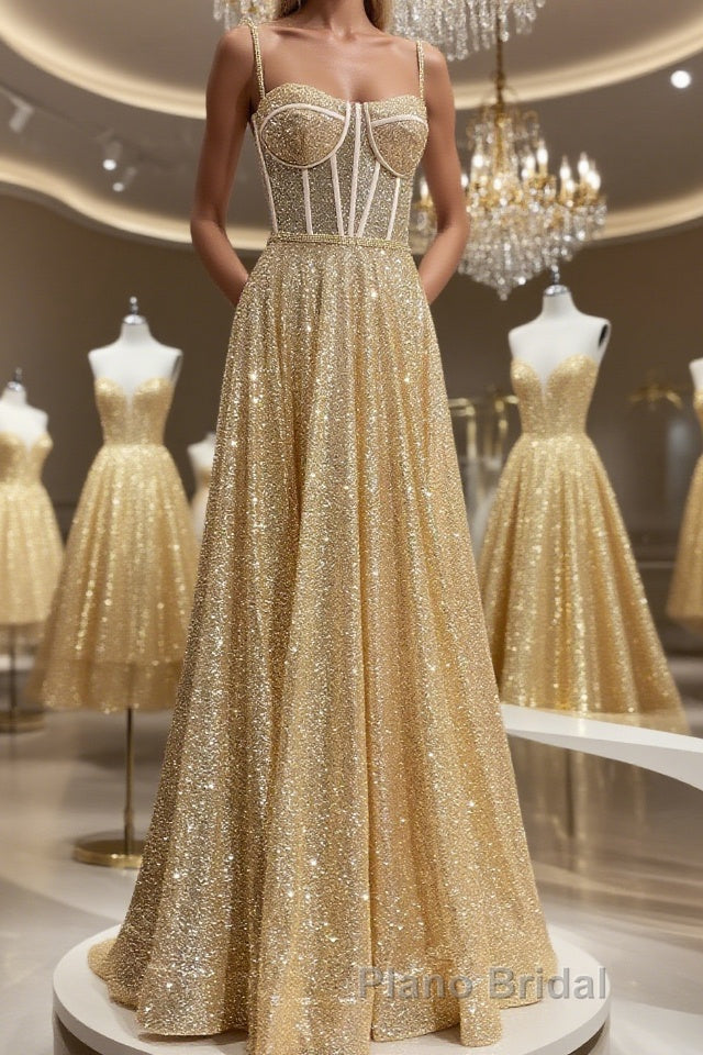 Shiny A Line Spaghetti Straps Gold Formal Prom Dresses Long, Sweetheart Neck Golden Formal Dresses, Gold Tulle Evening Dresses WT1856