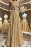 Shiny A Line Spaghetti Straps Gold Formal Prom Dresses Long, Sweetheart Neck Golden Formal Dresses, Gold Tulle Evening Dresses WT1856