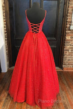 Shiny A Line V Neck Black Red Long Formal Prom Dresses, V Neck Backless Long Formal Dresses