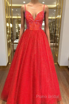 Shiny A Line V Neck Black Red Long Formal Prom Dresses, V Neck Backless Long Formal Dresses
