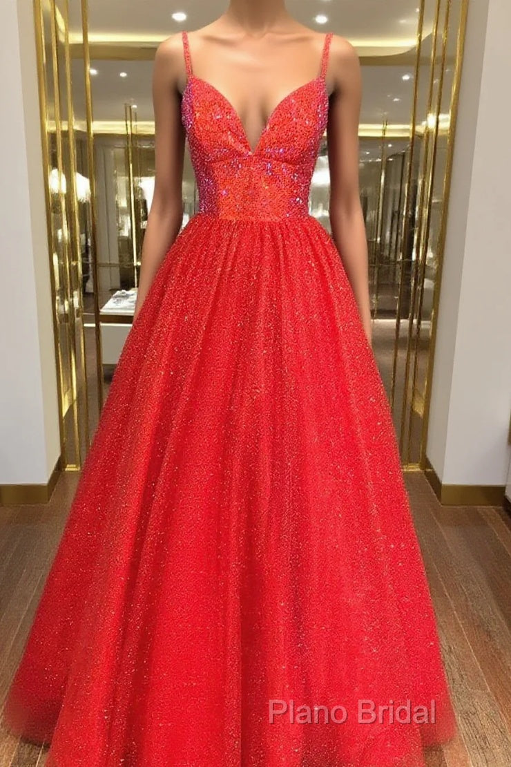 Shiny A Line V Neck Black Red Long Formal Prom Dresses, V Neck Backless Long Formal Dresses
